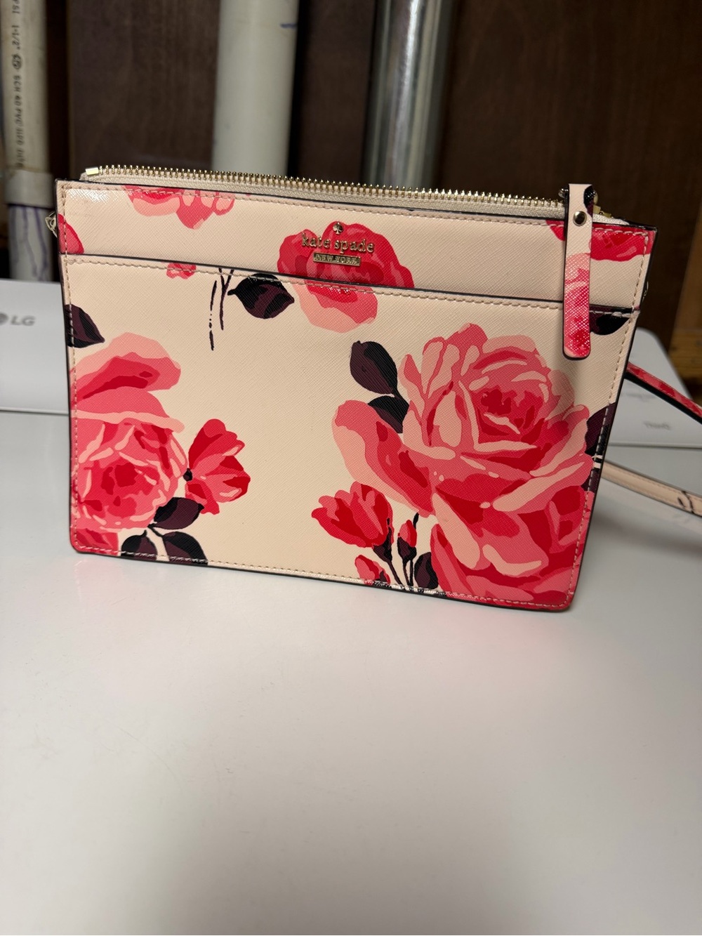 kate spade Cream Floral Crossbody Wristlet with Pink Roses